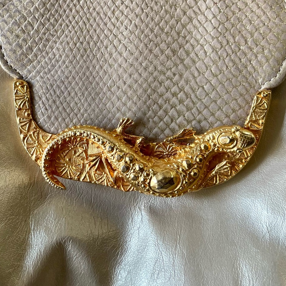 Vintage Bags By Pinky Genuine Leather Shimmer Snakeskin Bag Metal Lizard Clasp - Picture 5 of 15